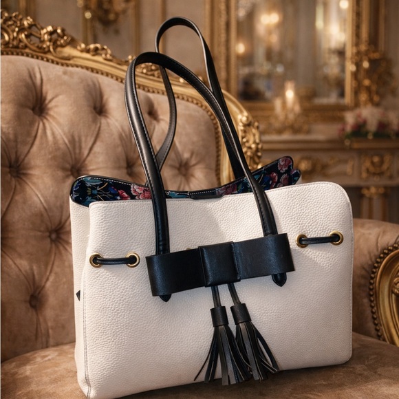 Handbags - Nanette Lepore Elegant Black and White Women's Tote Bag with floral inside